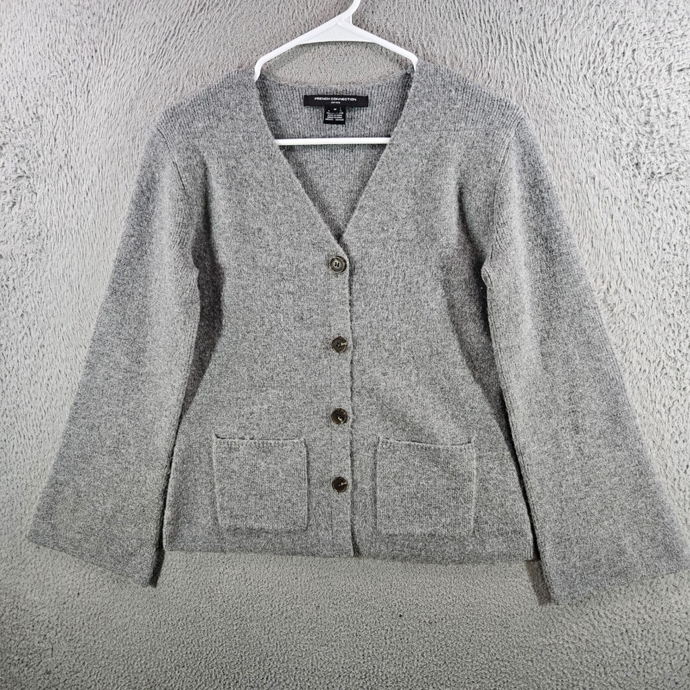 French Connection Womens Gray V-Neck Button Front Cardigan Sweater Size M